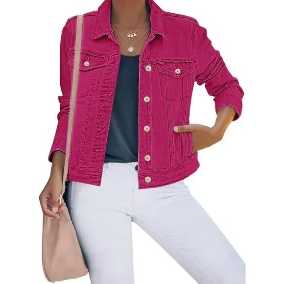 Women's Basic Button Down Stretch Fitted Long Sleeve Denim Jean Jacket Rose Pink - Picture 1 of 7